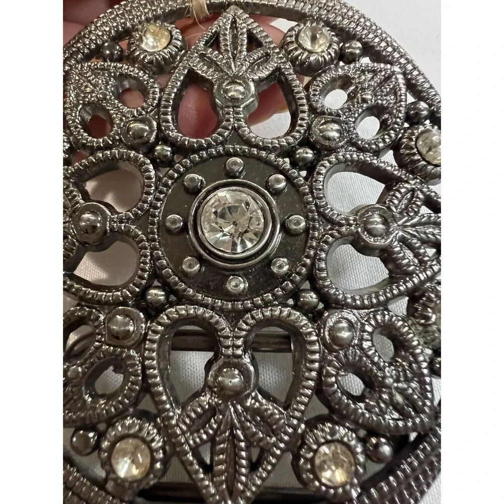Vintage Belt Buckle Hearts Silver tone Oval Clear Crystal Ctr & Lt Yellow Jewel